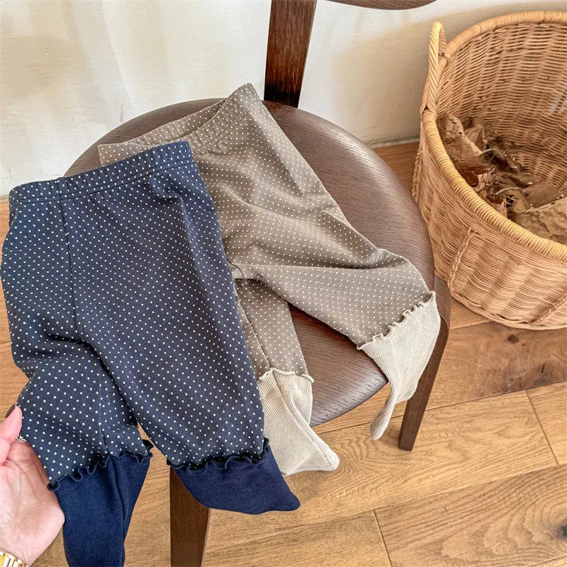 レギンスパンツ キッズパンツ 水玉ドットプリントロールアップフリルレギンスパンツ 2カラー【mh0006864】