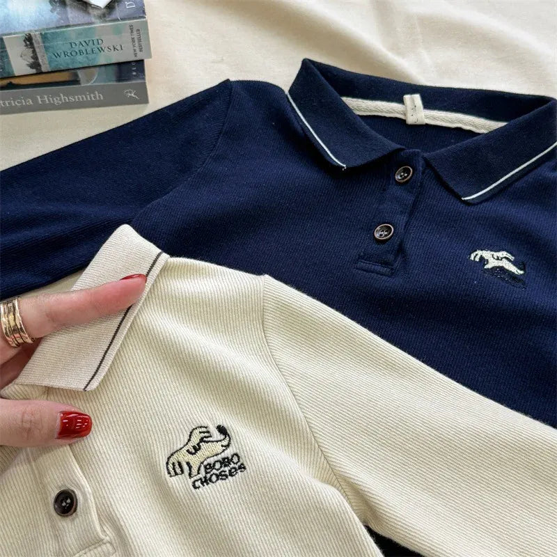 長袖シャツ・ブラウス キッズトップス 犬刺繍ワンポイント長袖ポロシャツ 2カラー【mh0007090】