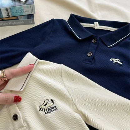 長袖シャツ・ブラウス キッズトップス 犬刺繍ワンポイント長袖ポロシャツ 2カラー【mh0007090】