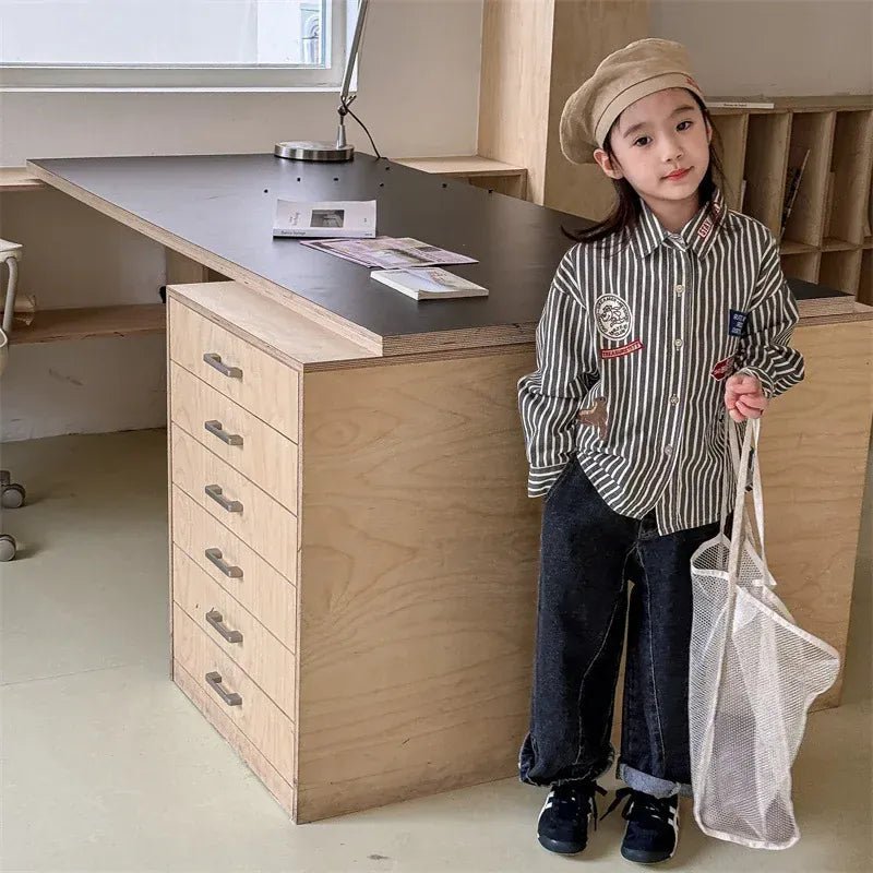 長袖シャツ・ブラウス キッズトップス ストライプワッペン長袖シャツ 2カラー【mh0007133】