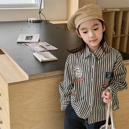 長袖シャツ・ブラウス キッズトップス ストライプワッペン長袖シャツ 2カラー【mh0007133】