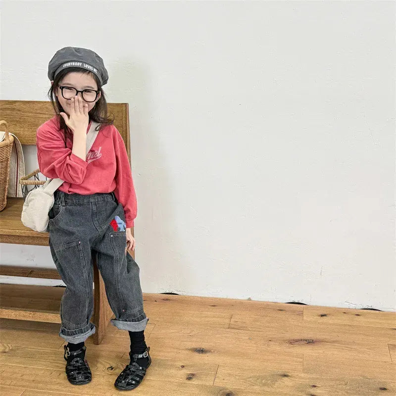 デニムパンツ キッズパンツ 刺繍ワッペンパッチルーズロングデニムパンツジーンズ 2カラー【mh0007539】