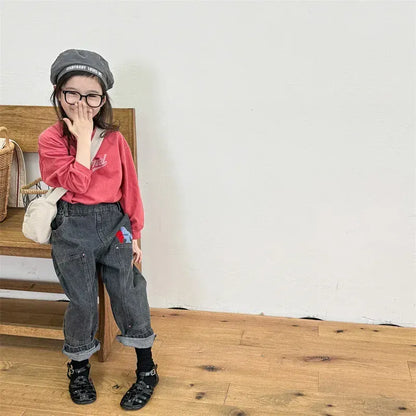 デニムパンツ キッズパンツ 刺繍ワッペンパッチルーズロングデニムパンツジーンズ 2カラー【mh0007539】