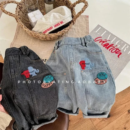 デニムパンツ キッズパンツ 刺繍ワッペンパッチルーズロングデニムパンツジーンズ 2カラー【mh0007539】