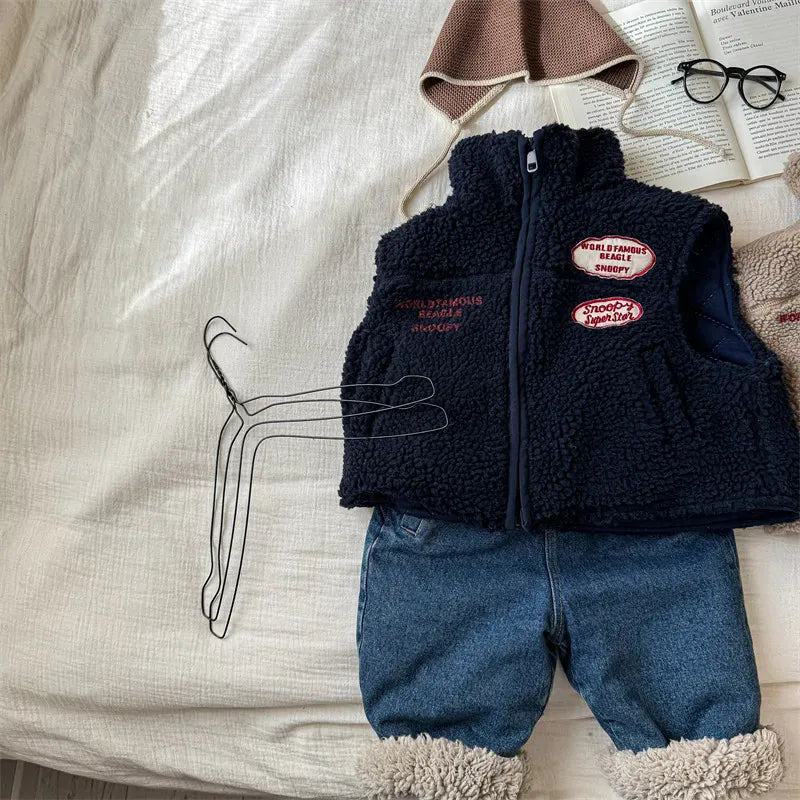 ベスト キッズベスト 刺繍ワッペンジップアップボアフリースアウターベスト 2カラー【mh0007549】