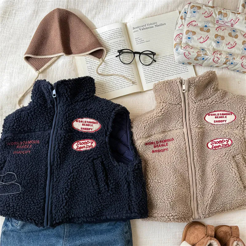 ベスト キッズベスト 刺繍ワッペンジップアップボアフリースアウターベスト 2カラー【mh0007549】