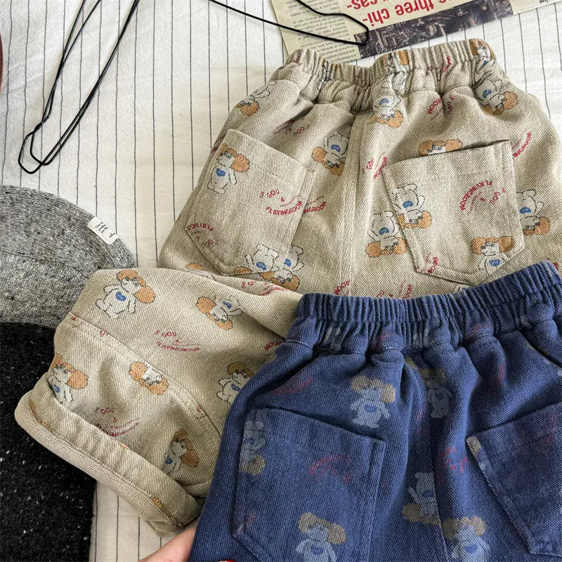 ロングパンツ・スウェットパンツ キッズパンツ レトロアニマルプリント裏フリースロングルーズパンツ 2カラー【mh0007563】