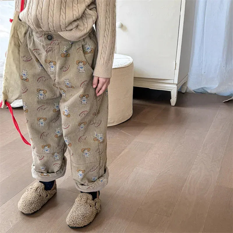 ロングパンツ・スウェットパンツ キッズパンツ レトロアニマルプリント裏フリースロングルーズパンツ 2カラー【mh0007563】