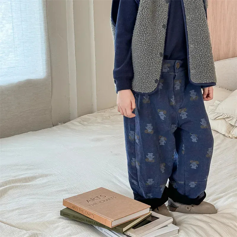 ロングパンツ・スウェットパンツ キッズパンツ レトロアニマルプリント裏フリースロングルーズパンツ 2カラー【mh0007563】