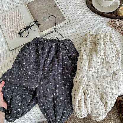 ロングパンツ・スウェットパンツ キッズパンツ フラワー小花柄ルーズ厚手防寒ロングジョガーバルーンパンツ 2カラー【mh0007564】