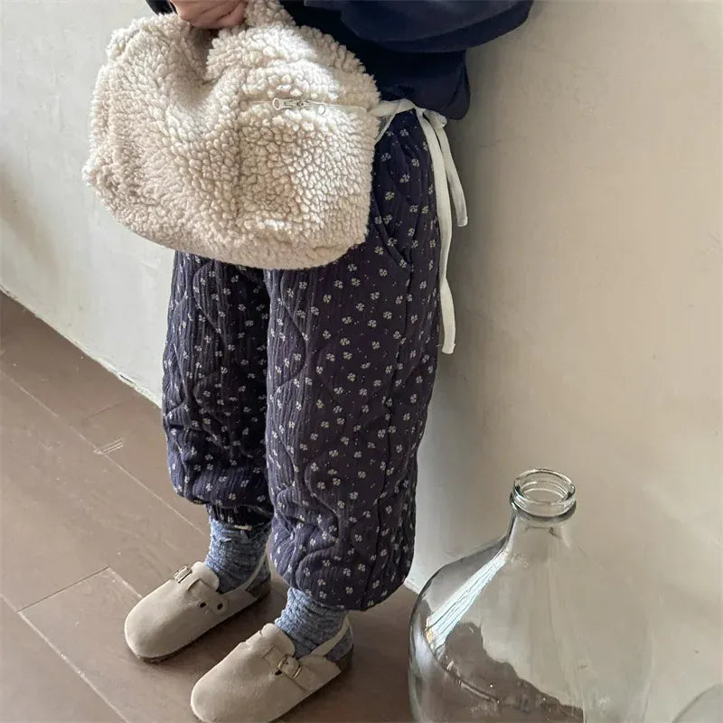 ロングパンツ・スウェットパンツ キッズパンツ フラワー小花柄ルーズ厚手防寒ロングジョガーバルーンパンツ 2カラー【mh0007564】