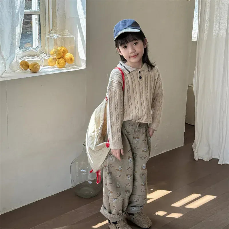 長袖シャツ・ブラウス キッズトップス ポロ襟アラン編みケーブルニットアラン編みケーブルニット長袖シャツ 2カラー【mh0007577】