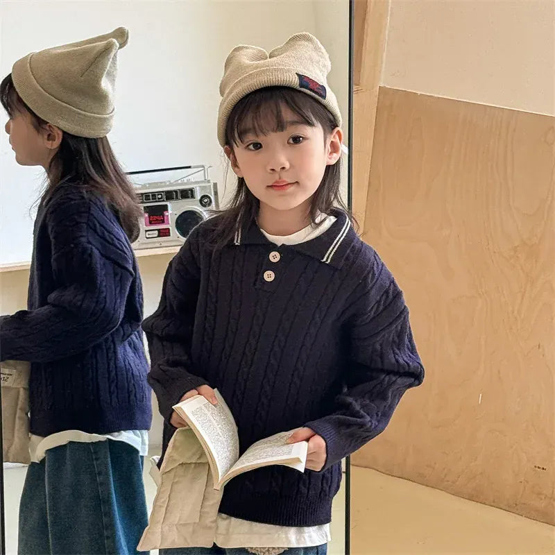 長袖シャツ・ブラウス キッズトップス ポロ襟アラン編みケーブルニットアラン編みケーブルニット長袖シャツ 2カラー【mh0007577】