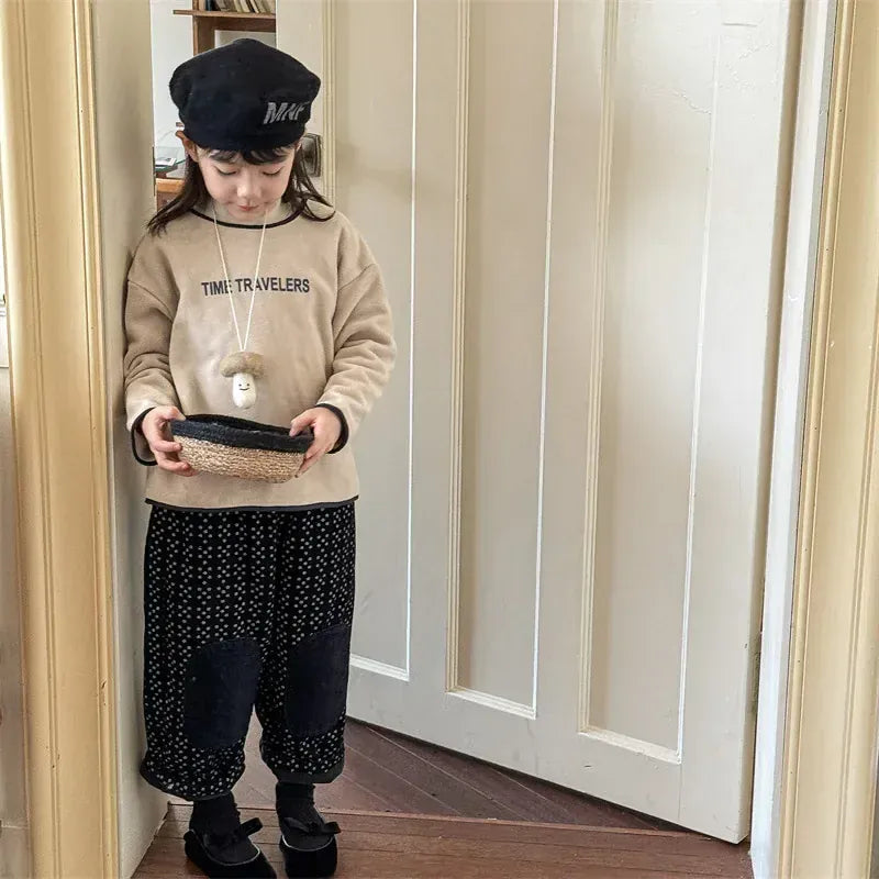 ロングパンツ・スウェットパンツ キッズパンツ フラワー小花柄膝パッチ裏フリースコーデュロイルーズロングパンツ 2カラー【mh0007616】