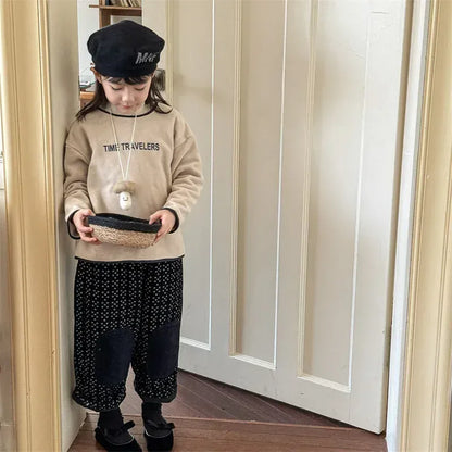 ロングパンツ・スウェットパンツ キッズパンツ フラワー小花柄膝パッチ裏フリースコーデュロイルーズロングパンツ 2カラー【mh0007616】