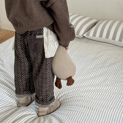 ロングパンツ・スウェットパンツ キッズパンツ フラワー小花柄膝パッチ裏フリースコーデュロイルーズロングパンツ 2カラー【mh0007616】