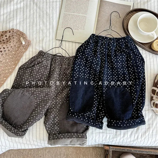 ロングパンツ・スウェットパンツ キッズパンツ フラワー小花柄膝パッチ裏フリースコーデュロイルーズロングパンツ 2カラー【mh0007616】