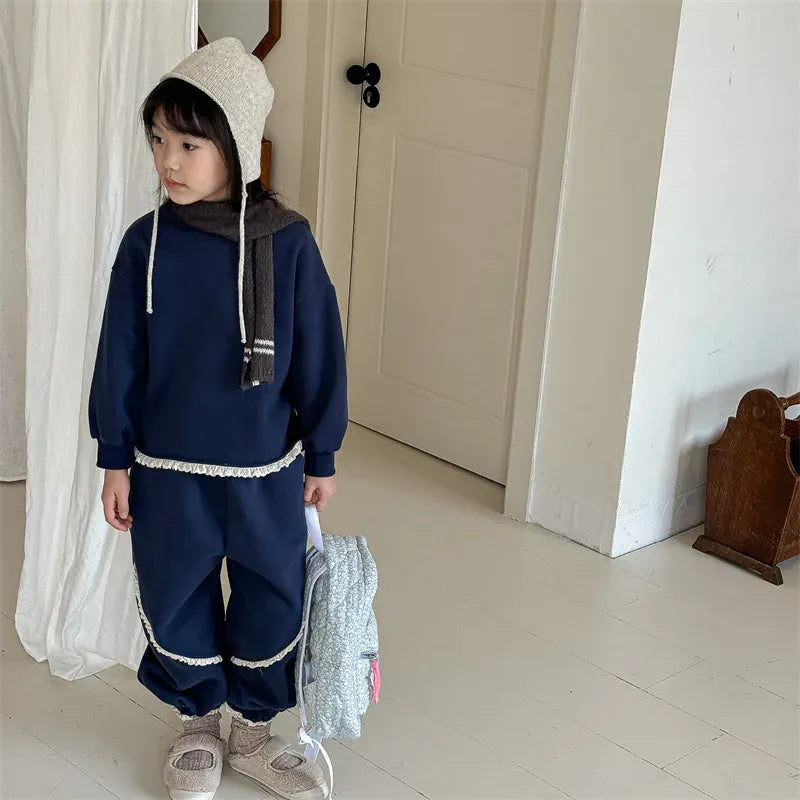 長袖セットアップ キッズセットアップ 2点セット フリルアクセント裏フリース長袖スウェットシャツ+ロングスウェットパンツ【mh0007765】