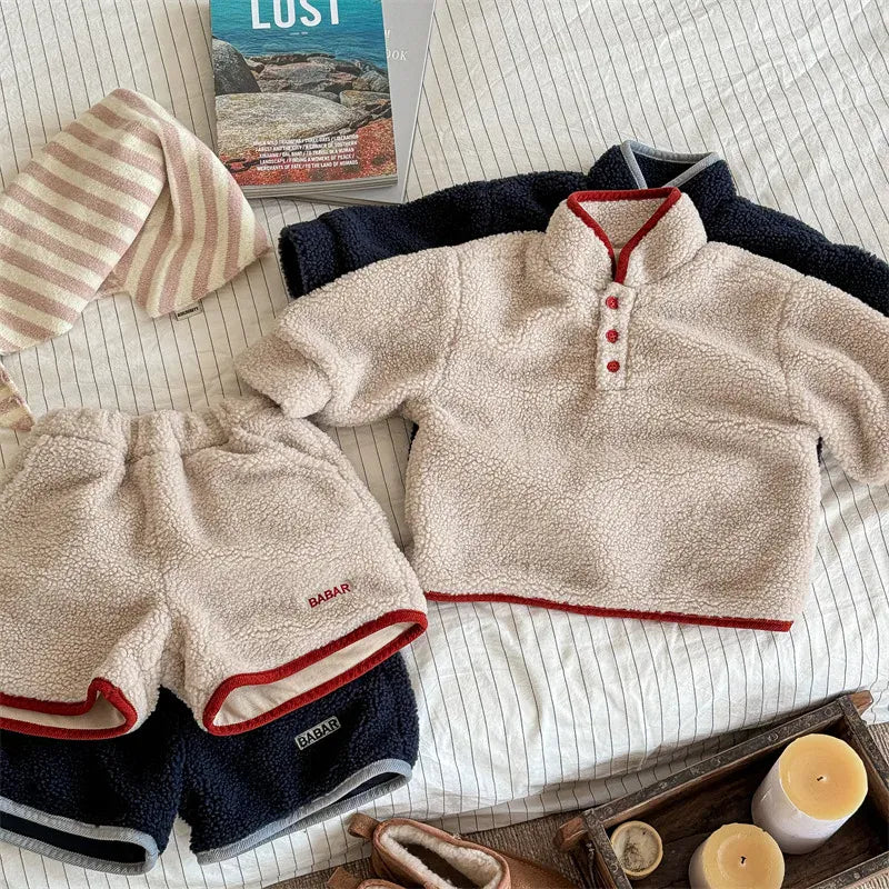 長袖セットアップ キッズセットアップ 2点セット スタンドカラーボアフリーススウェットシャツ+ショートパンツ【mh0007766】