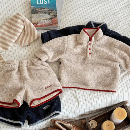 長袖セットアップ キッズセットアップ 2点セット スタンドカラーボアフリーススウェットシャツ+ショートパンツ【mh0007766】