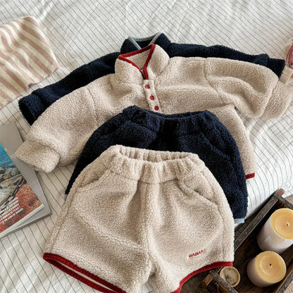 長袖セットアップ キッズセットアップ 2点セット スタンドカラーボアフリーススウェットシャツ+ショートパンツ【mh0007766】