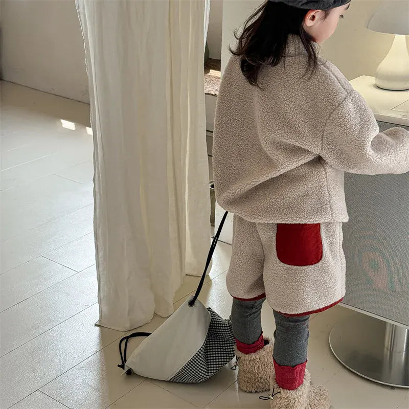 長袖セットアップ キッズセットアップ 2点セット スタンドカラーボアフリーススウェットシャツ+ショートパンツ【mh0007766】