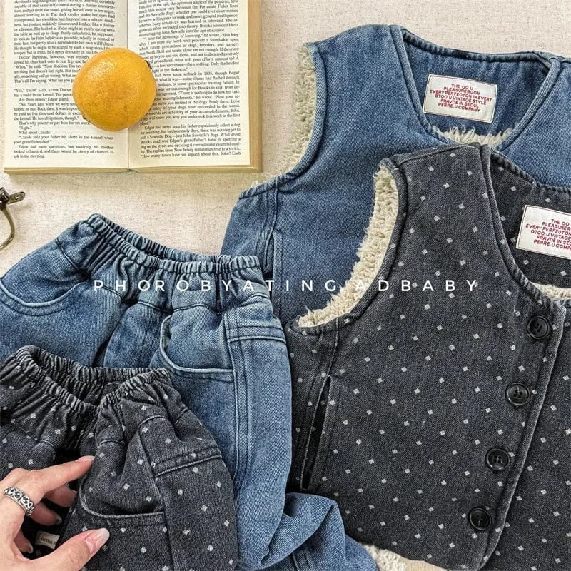 ノースリーブセットアップ キッズセットアップ 2点セット デニム/水玉ドットプリント裏ファーフリースベスト+ロングパンツ【mh0007932】