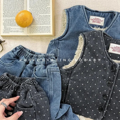 ノースリーブセットアップ キッズセットアップ 2点セット デニム/水玉ドットプリント裏ファーフリースベスト+ロングパンツ【mh0007932】