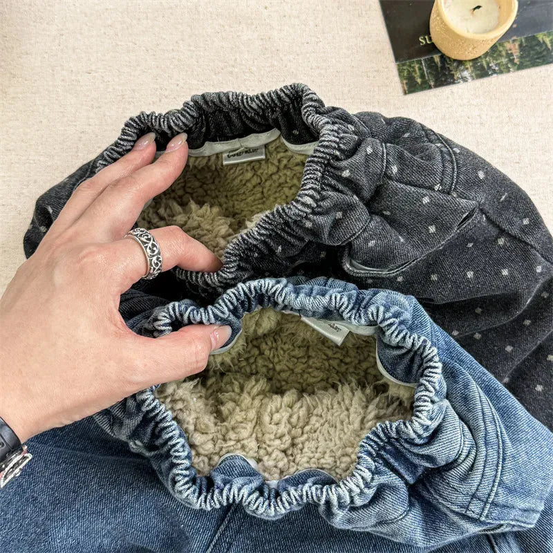 ノースリーブセットアップ キッズセットアップ 2点セット デニム/水玉ドットプリント裏ファーフリースベスト+ロングパンツ【mh0007932】