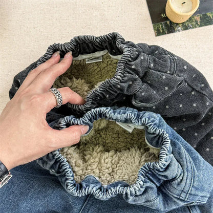 ノースリーブセットアップ キッズセットアップ 2点セット デニム/水玉ドットプリント裏ファーフリースベスト+ロングパンツ【mh0007932】