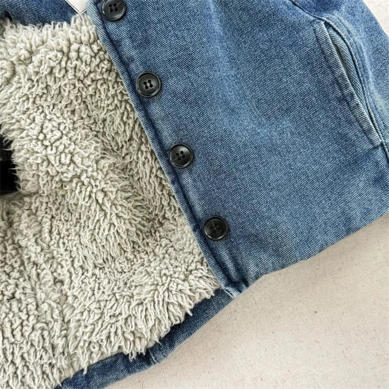 ノースリーブセットアップ キッズセットアップ 2点セット デニム/水玉ドットプリント裏ファーフリースベスト+ロングパンツ【mh0007932】