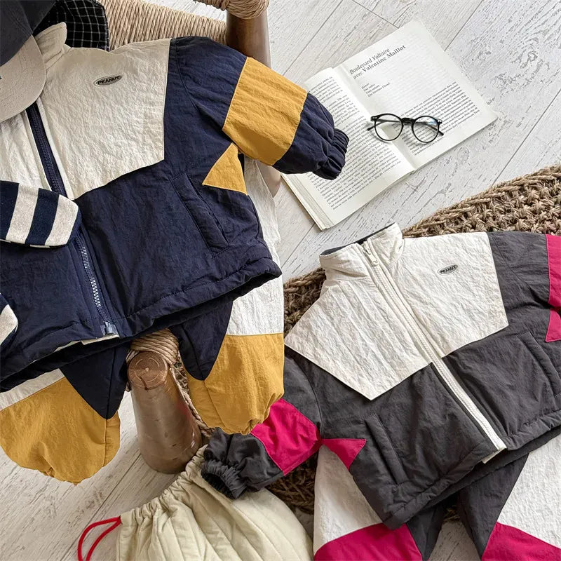 長袖セットアップ キッズセットアップ 2点セット パッチワークパデッドスタンドカラージップアップジャケット+スポーツロングパンツ【mh0008319】