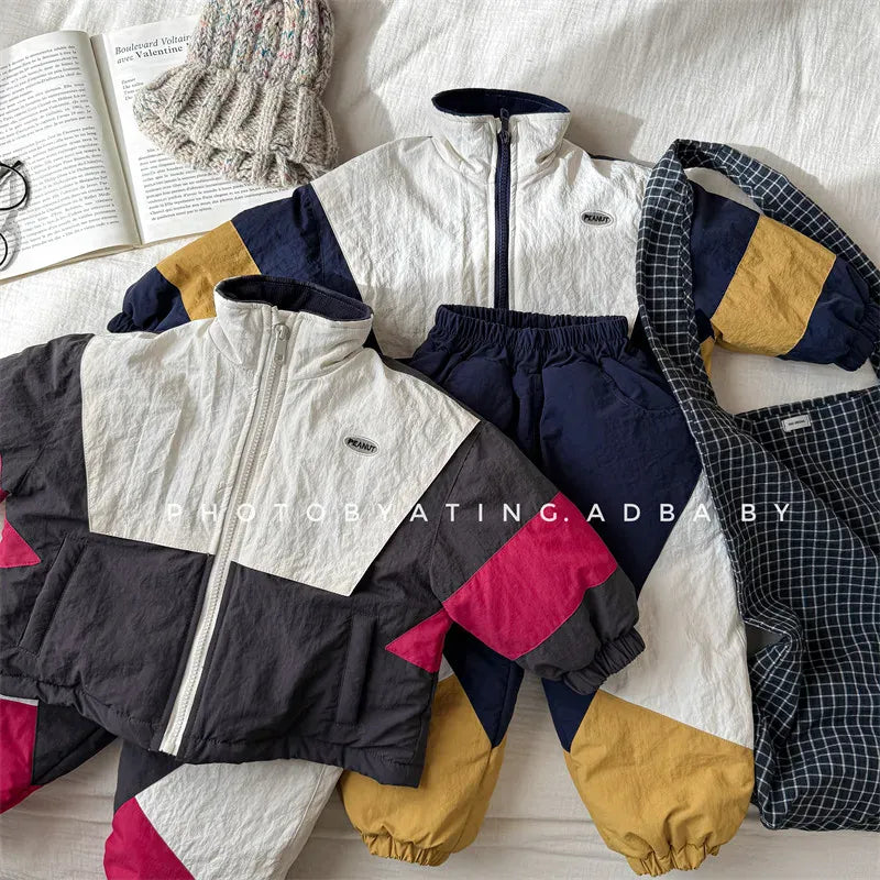 長袖セットアップ キッズセットアップ 2点セット パッチワークパデッドスタンドカラージップアップジャケット+スポーツロングパンツ【mh0008319】