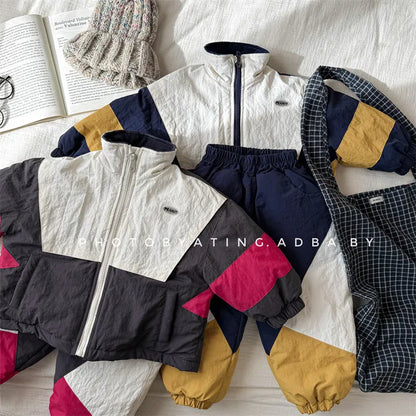 長袖セットアップ キッズセットアップ 2点セット パッチワークパデッドスタンドカラージップアップジャケット+スポーツロングパンツ【mh0008319】