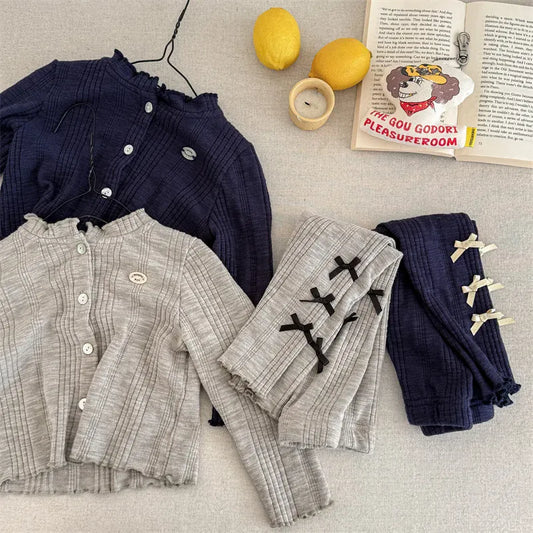 長袖セットアップ キッズセットアップ 2点セット リボンニット長袖カーディガントップス+リブレギンスパンツ【mh0008628】