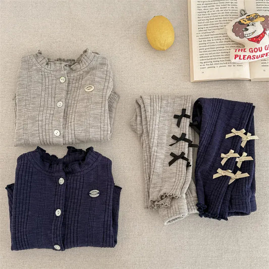 長袖セットアップ キッズセットアップ 2点セット リボンニット長袖カーディガントップス+リブレギンスパンツ【mh0008628】