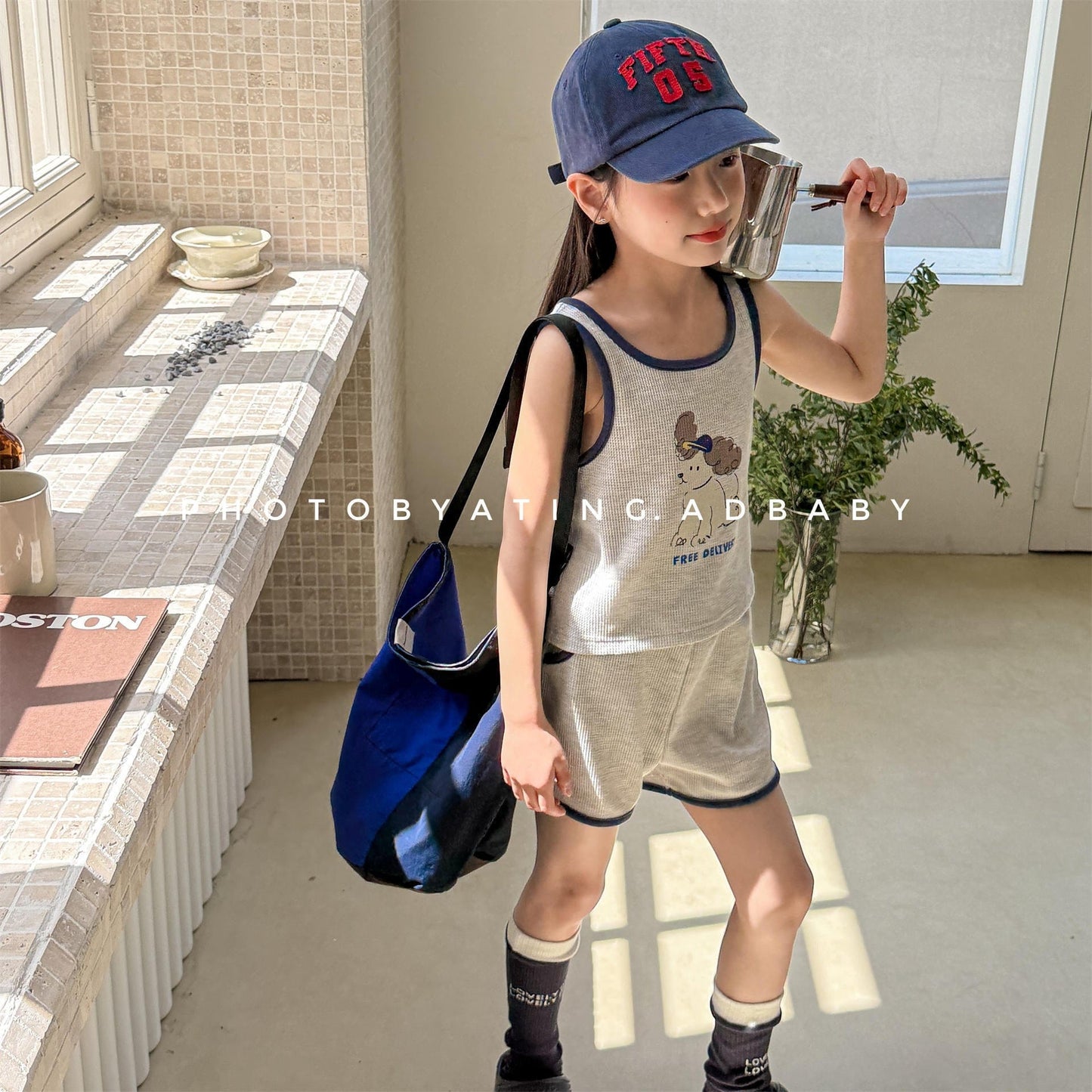 ノースリーブセットアップ プリントロゴバイピングタンクトップ+ショートパンツセットアップ 2点セット【mh0009786】