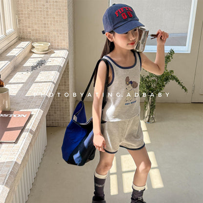 ノースリーブセットアップ プリントロゴバイピングタンクトップ+ショートパンツセットアップ 2点セット【mh0009786】