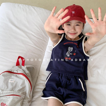 ノースリーブセットアップ プリントロゴバイピングタンクトップ+ショートパンツセットアップ 2点セット【mh0009786】