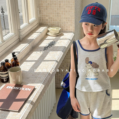 ノースリーブセットアップ プリントロゴバイピングタンクトップ+ショートパンツセットアップ 2点セット【mh0009786】