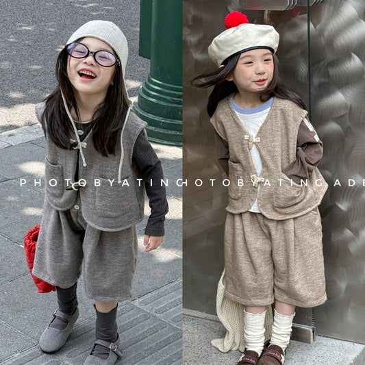 ノースリーブセットアップ トグルボタンノースリーブベストジャケット+ハーフパンツセットアップ 2点セット【mh0010640】