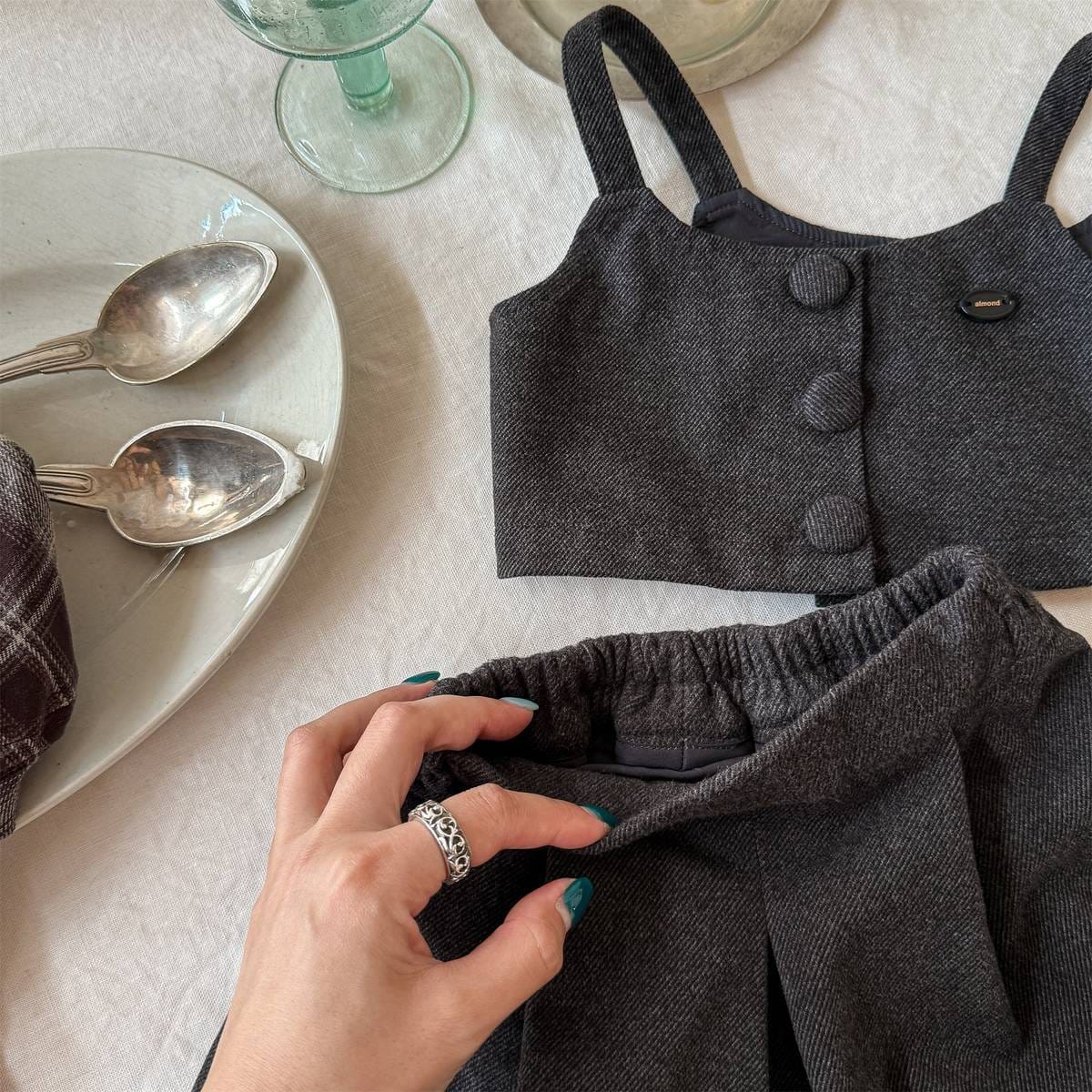 ノースリーブセットアップ キャミソールトップス+スカートセットアップ 2点セット ウール調素材【mh0011413】