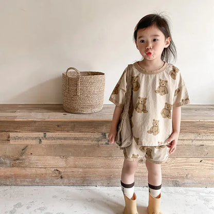 半袖セットアップ キッズセットアップ 2点セット 半袖Tシャツ+ショートパンツ ベアくまプリント 2カラー【mh0006147】