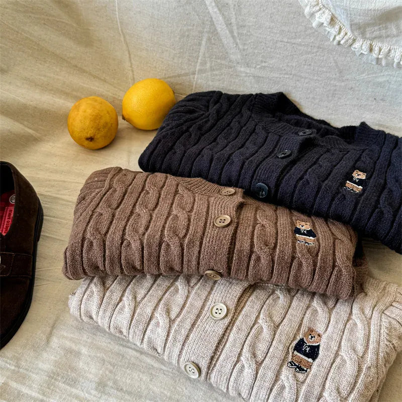 カーディガン・パーカー キッズカーディガン ニットジャケット ベアくま刺繍ワンポイント 3カラー【mh0006623】