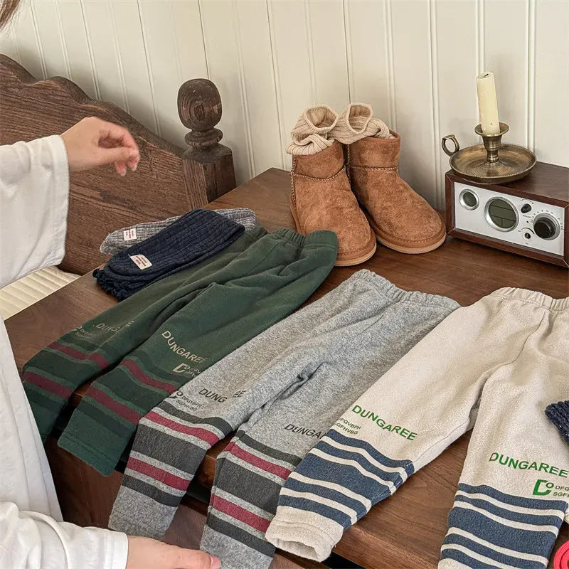 レギンスパンツ キッズパンツ レターロゴボーダープリント裏フリースレギンスパンツ 3カラー【mh0007546】