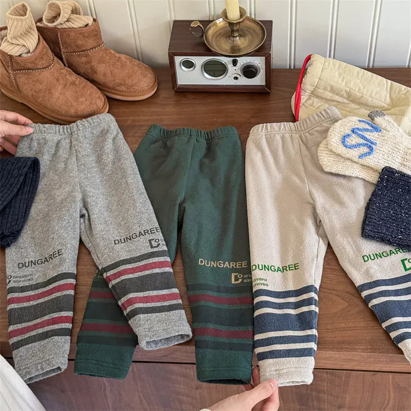 レギンスパンツ キッズパンツ レターロゴボーダープリント裏フリースレギンスパンツ 3カラー【mh0007546】