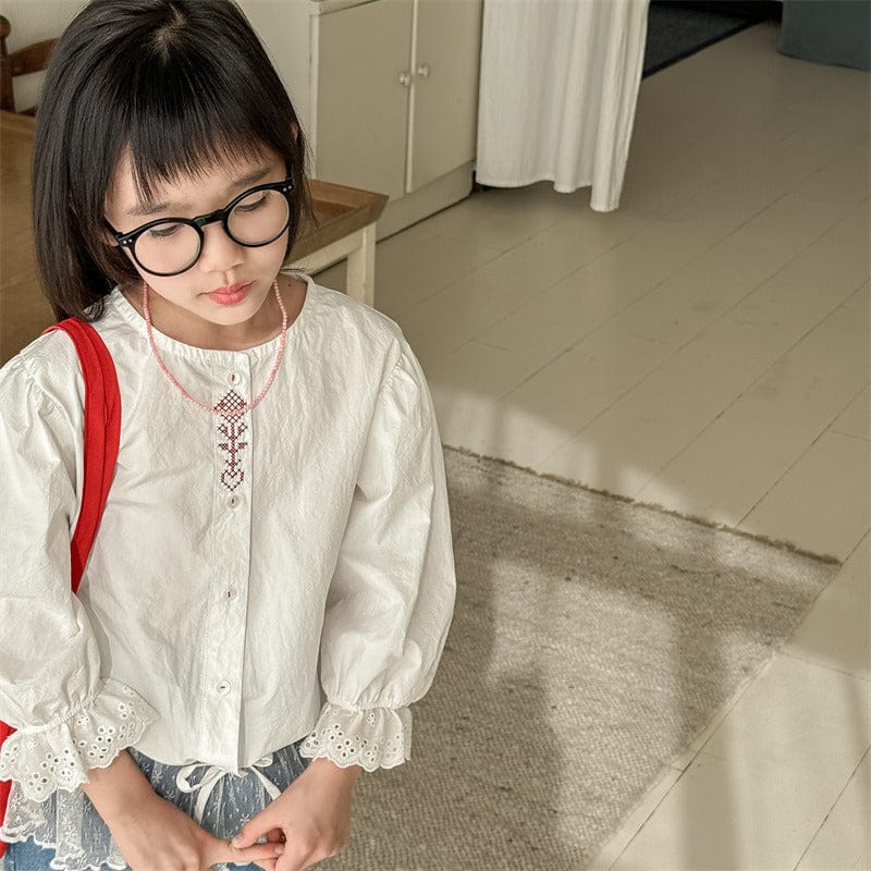 長袖シャツ・ブラウス 6008 beige / 80cm キッズトップス 刺繍ステッチ長袖パフスリーブブラウス【mh0008992】