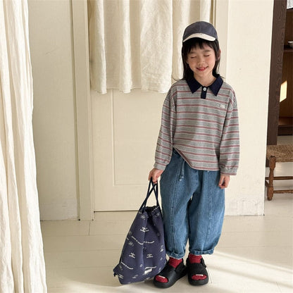 長袖シャツ・ブラウス 6015 gray / 80cm キッズトップス レトロボーダーカラフル長袖ポロシャツ【mh0008990】