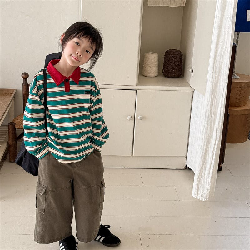 長袖シャツ・ブラウス 6015 green / 80cm キッズトップス レトロボーダーカラフル長袖ポロシャツ【mh0008990】