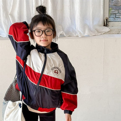 ショートコート・ジャケット・ジャンパー 6033 navy blue / 80cm キッズアウター パッチワークスタンドカラージップアップウィンドブレーカージャケット【mh0008988】